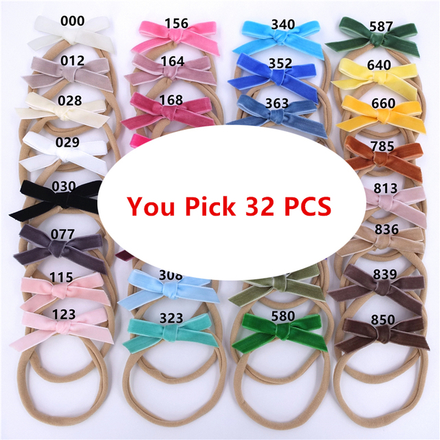 32pcs mini velvet ribbon bow nylon headband newborn baby boy velvet bow hair bands accessories