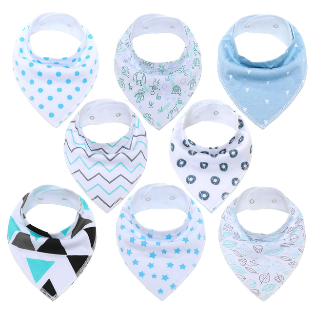 8pcs/lot soft comfortable colorful 100% organic cotton and baby bandana for boys and girls infants adjustable snaps saliva baby bibs