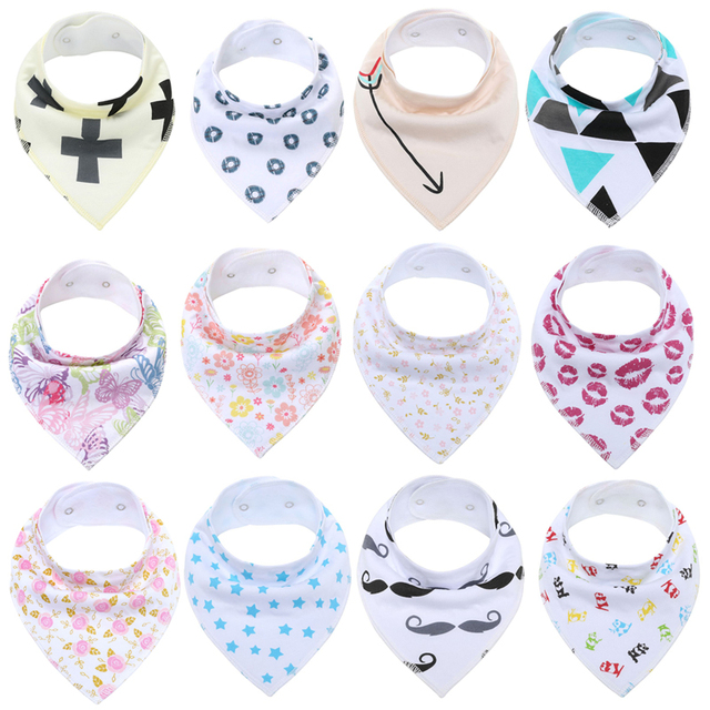 12packs/lot 100% Cotton Bandana Bibs for Drooling Teething Newborn Infant Adjstable Snaps Absorbent Baby Bibs