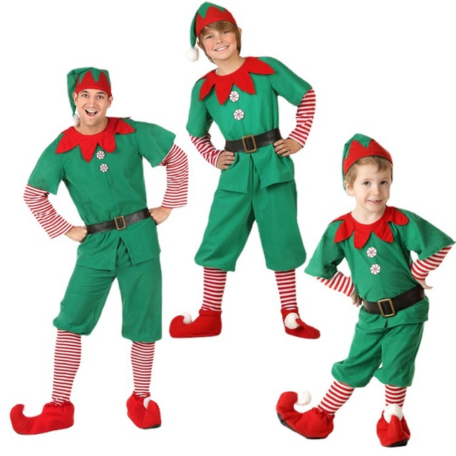 Family Matching Mother Dad Green Elf Christmas Costume Festival Santa Boys Suit New Year Kids Clothes for Girls Christmas Party Dress