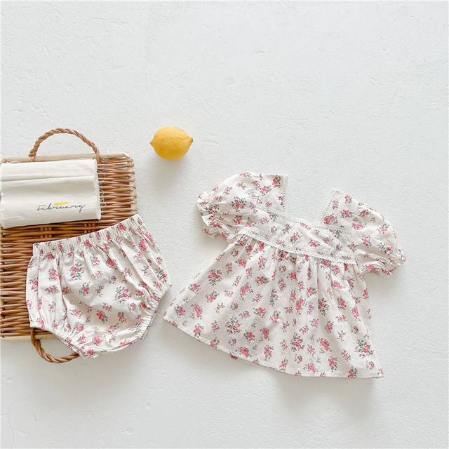 2pcs Newborn Summer Dress Infant Girls Vitage Clothes Baby Girl Floral Dress Floral Dress With Clothes For Newborn Girls 0-2Y