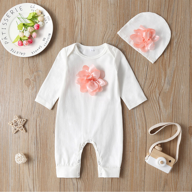 Newborn Baby Long Sleeve Romper 3D Floral Baby Onesie Jumpsuit Newborn Baby Clothes Set Hat Clothes Set