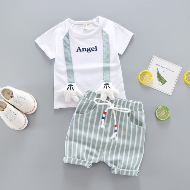 Baby clothes set summer cute cartoon bear printing cotton T-shirt + stripe lace elastic waist shorts boys girls casual 2 piece suit