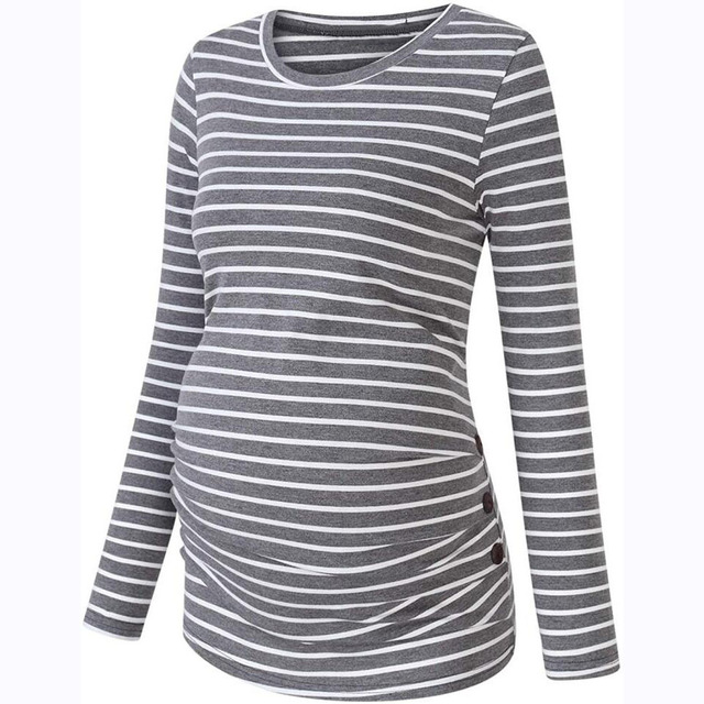 Maternity Pregnant Mother Striped T-shirt Long Sleeve Nursing Clothes Autumn Simple Fashion Round Neck Tops Breastfeeding Clothes