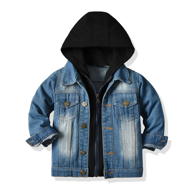 Kids Boys Girls Denim Hooded Jackets Casual Fake Two Jacket Coat Children Cowboy Zipper Outerwear JYF