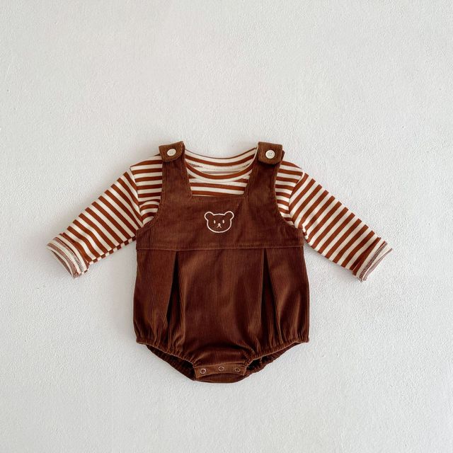 Baby Boys and Girls Clothes Long Sleeve Striped Top Bear Overalls Jumpsuit 2pcs Spring Newborn Baby Clothing Outfits