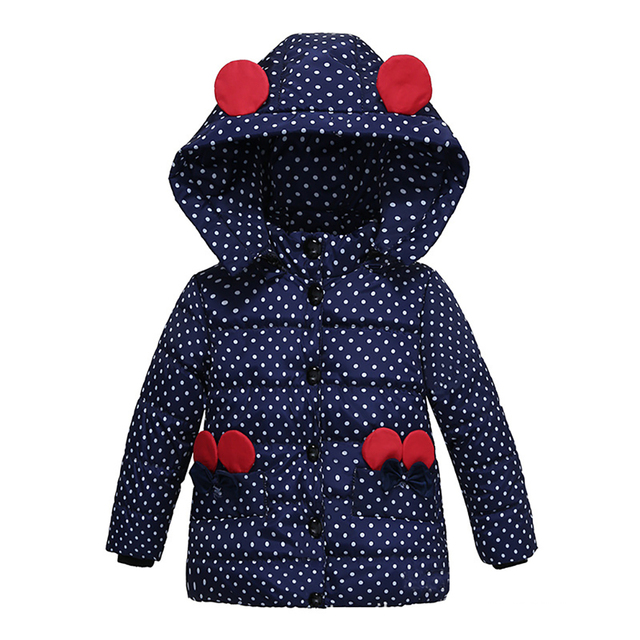 Infant Autumn Winter Jacket For Baby Girls Down Children Bowknot Outerwear Coats Dot Hooded Cotton Kids Clothes