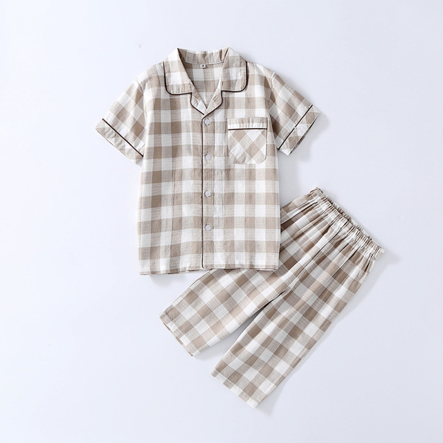 Pink White Girls Plaid Pajamas Set Summer Short Sleeve Top + Pants Baby Sleepwear Pajamas Toddler Sleepwear