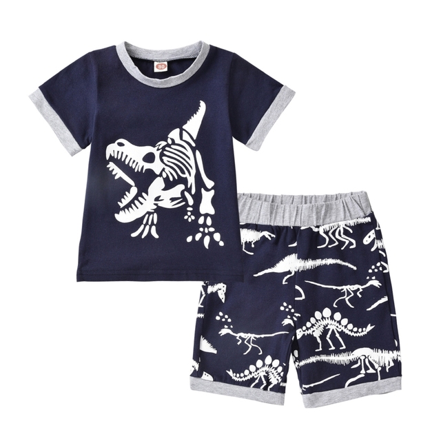 Jlong 2pcs/set Cute Cartoon Boys Clothes Set Boys Dinosaur Short Sleeve Shorts Set Casaul Suit 1-6 Years Children's Clothing