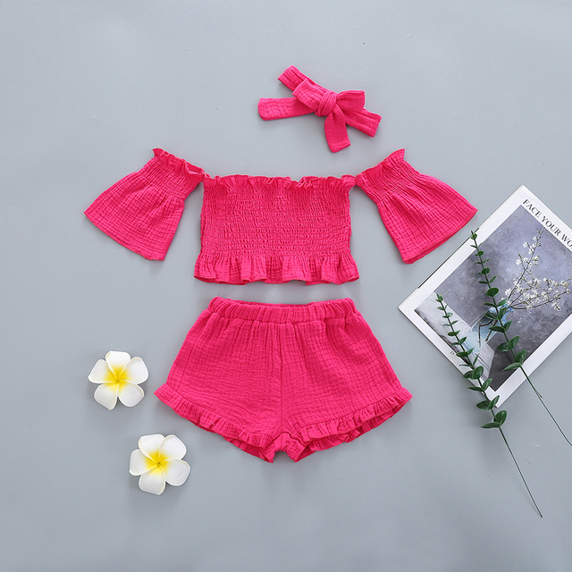 Infant Girls Clothes Baby Girl Toddler Off Shoulder Short Sleeve Tops Belt Pants Headband Outfit Sunsuit Kids Clothes Set 1-5y