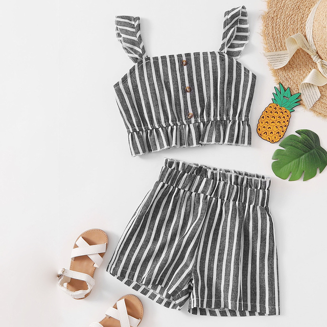 Baby Girl Clothes Set Summer Baby Cotton Striped Print Short Sleeve Suspenders T-shirt + Ruffle Short Pants 2pcs Kids Outfit