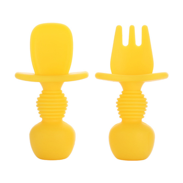 Food Grade Infant Small Silicone Cutlery Set Baby Soft Kitchen Joining Fork Spoon Kids Portable Soild Color Small Spoon