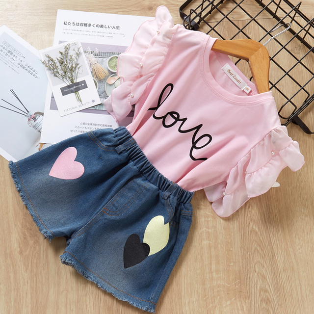 Menoea Kids Clothes Suits 2022 New Summer Fashion Children Lettern Printed T-shirt + Denim Shorts Sets Baby Girls Casual Clothes