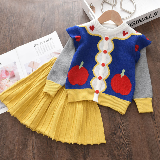 Menoea Christmas Girls Clothes Sets For Kids Knitted Winter Dots T-shirts Skirt 2pcs Suits Ruffles Christmas Vestidos Children Clothes