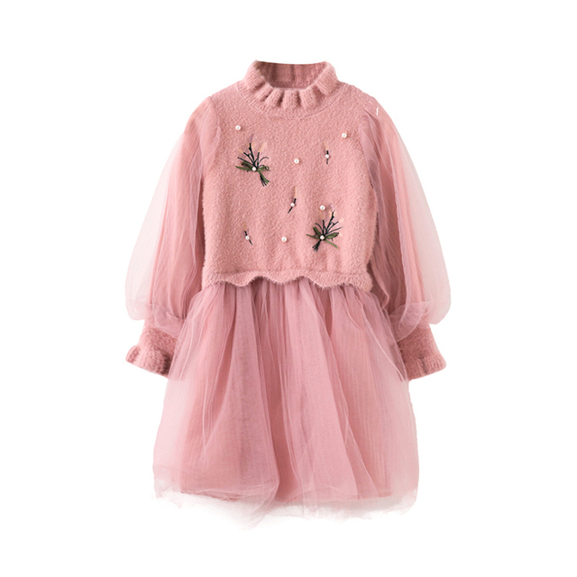 WKPK New Spring Autumn Girls Dress Leisure Fashion Children Clothes Pearl Long Sleeve Children Dresses Comfortable Soft Gauze Skirt