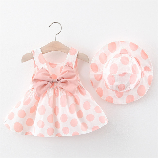 Cute Girls Dress New Summer Baby Boy Dresses Cute Sleeveless Bowknot Baby Dress Girls Dot Print Princess Dress Hat Set