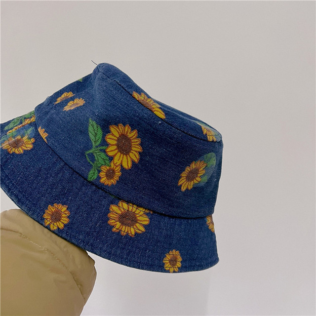 MILANCEL 2022 summer children's denim bucket hat sunflower print large brim hat