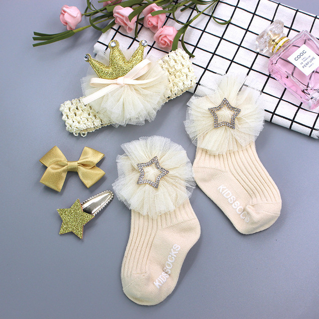 Baby Girl Lace Flower Headband Socks Set Cotton Baby Socks Newborn Socks Anti Slip Floor Socks Elastic Baby Hair Band