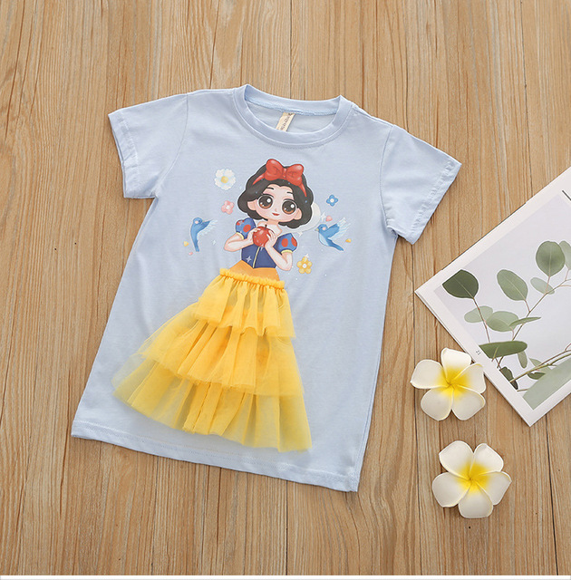 Fashion Summer Kids Clothes Cartoon Short Sleeve Princess Mesh Dress Baby Girls Birthday Costume Korean Pretty Vestidos