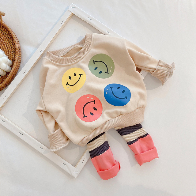 2022 spring kids clothes set cartoon long sleeve smile loose blouse and pants 2 piece suit