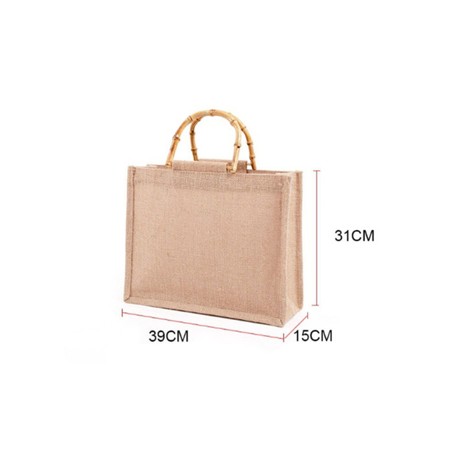 Portable Burlap Shopping Bag Jute Handbag Bamboo Ring Retro Carry Handles DIY Handbag Women Large Size Beach Bag for Girls