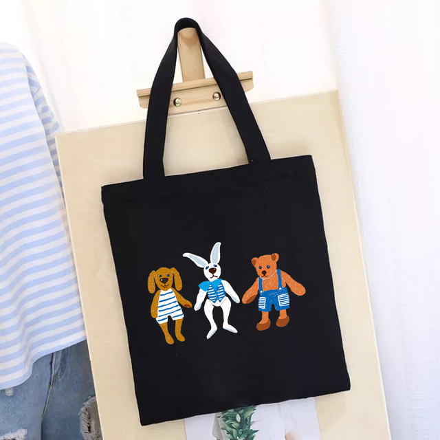 Women's Shopping Bag All-match Bear Chain Handbag Folding Reusable Canvas Shopper Harajuku Style Bag New Student Canvas Tote Bag