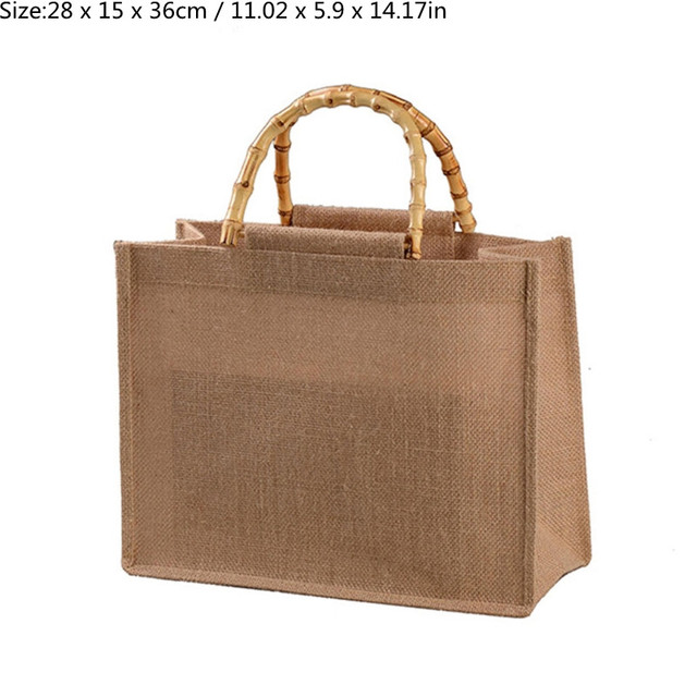 Unisex Portable Burlap Jute Shopping Bag With Bamboo Loop Handles Wome Men Durable Reusable Casual Tote Grocery Handbag 8 Size