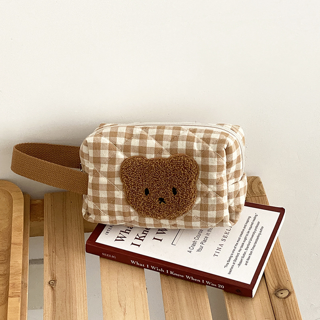 Cute Khaki Bear Makeup Bag Large Capacity Portable Cosmetic Bags Zipper Pure Cotton Plaid Brushes Pouch Case For Women Girls