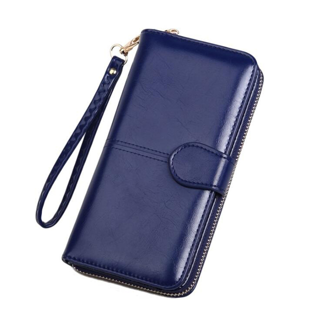 Leather Women Long Zipper Oil Wax Wallet Large Capacity Zipper Clip Wallet Ladies Long Wristlet Clutch Coin Card Holder Portomonee