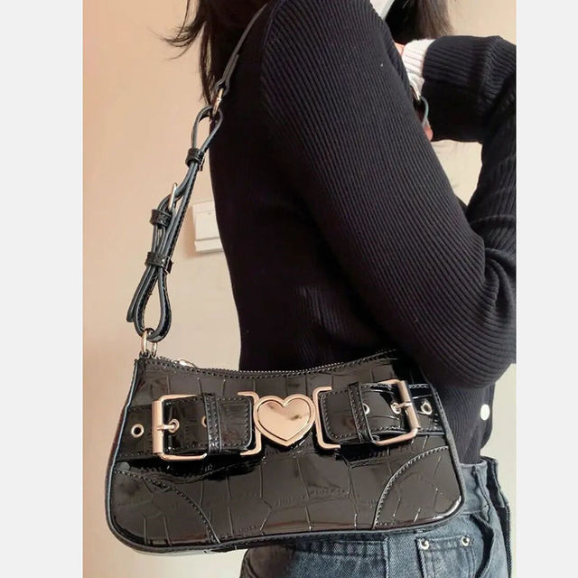Xiuya Motorcycle Style Cool Shoulder Bag 2022 Crocodile Pattern Black Hot Girls Underarm Cell Phone Bag Metal Heart Handbags