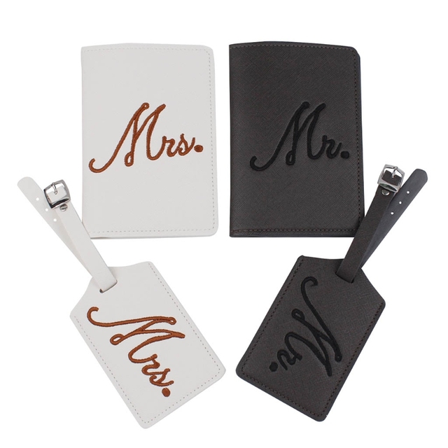 4pcs Mr and Mrs Wedding Luggage Tags Passport Covers Embroidery for Wedding Coupe