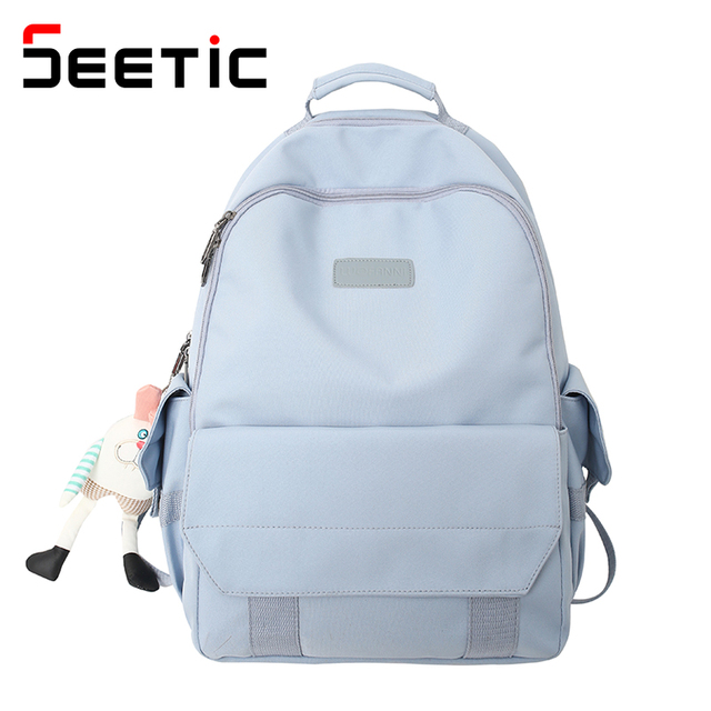 SEETIC Fashion Women School Bags Solid Color Famale Backpack Waterproof Nylon Student Backpack Women Casual School Bag