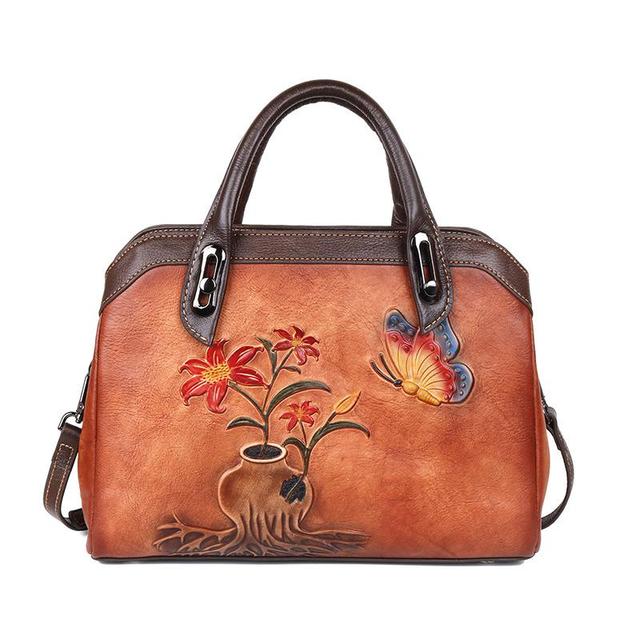 OYIXINGER Vintage Women Bag Genuine Leather Retro Women Shoulder Bags China Style Handmade Ladies Handbag Embossed Boston Bags