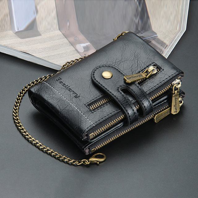 High Quality Men's Wallet PU Leather Short Male Wallet Multi-Card Male Wallet Zipper Pouch Retro Three Fold Chain Money Bag