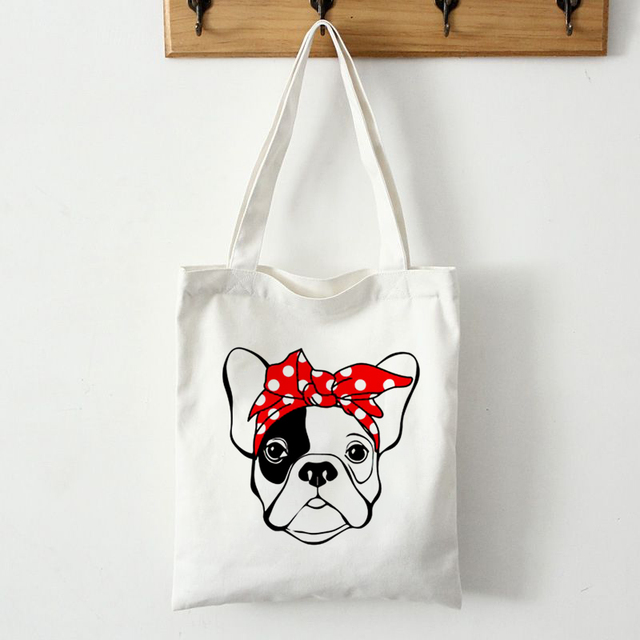 Reusable Canvas Shopping Bag Women Bag With French French Bulldog Print Students Teacher Book Travel Storage Shoulder Bags