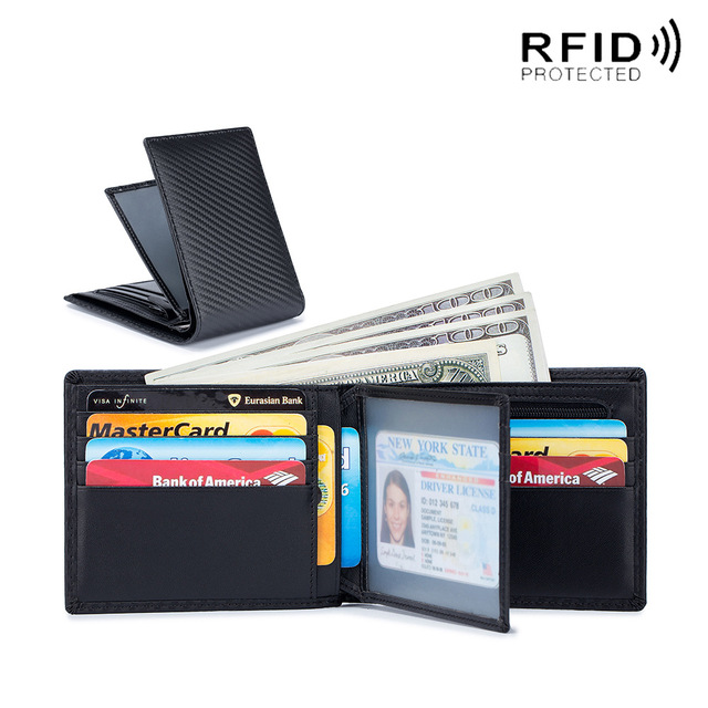 Rfid-محفظة من الجلد الطبيعي وألياف الكربون للرجال ، محفظة رجالية من الجلد الطبيعي مع حامل بطاقات ، محفظة صغيرة ، محفظة سوداء