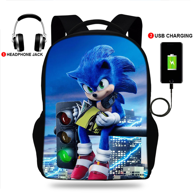 17 Inch Sonici The Hedgehog School Backpack Bag 3D Print Usb Free Bookbag Student Backpacks For Teenage Boys Girls