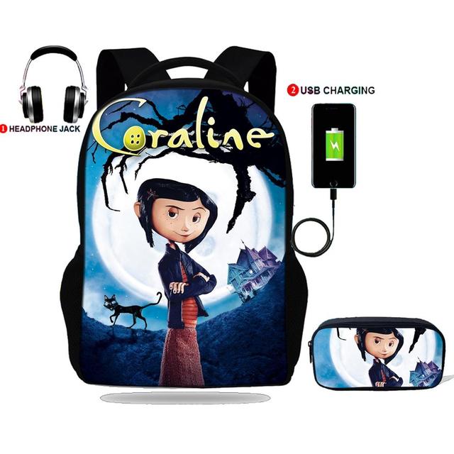 Teenager Backpack Coraline Print School Bag USB Charging For School