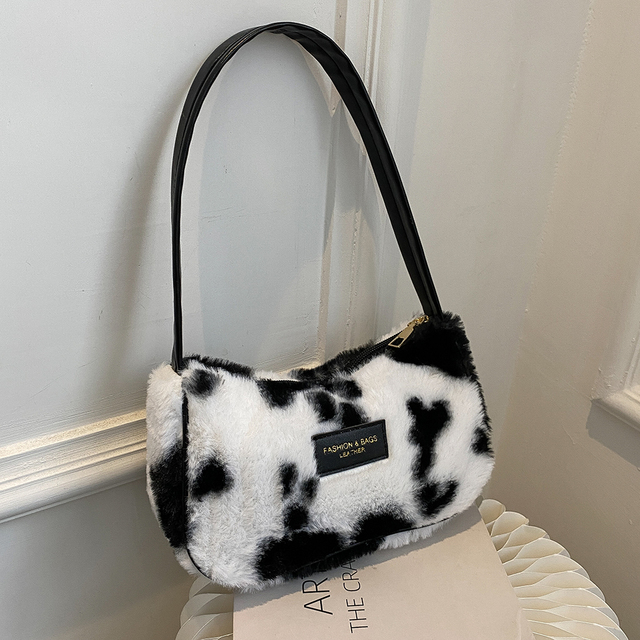 Women Soft Plush Shoulder Bags Cow Print Bags 2021 Winter Quilted Plaid Small Handbag Female Warm Faux Fur Fluffy Tote Bags