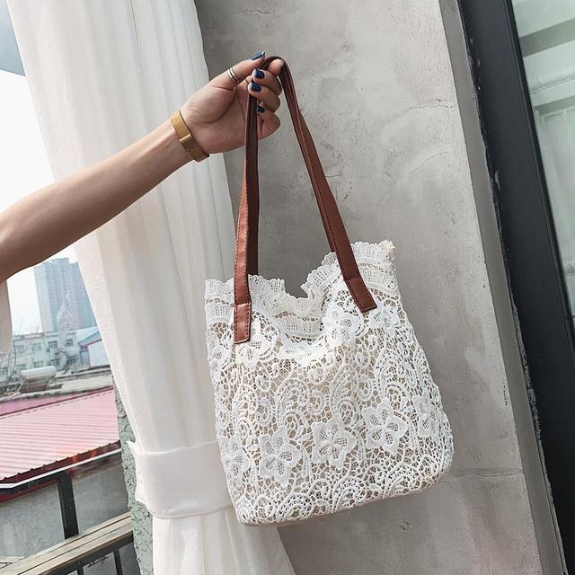 Lace Perforated Shoulder Bag for Women Elegant Beach Bag Large Capacity Composite Collection Summer 2021