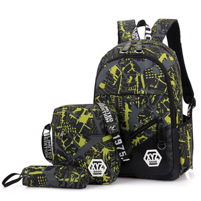 3pcs/set Men's Travel Backpack Camouflage Shoulder Bag Canvas School Bag For Teens Student Mochila