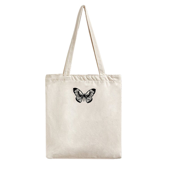 Butterfly Letters Printed Shopping Bags Women Canvas Cotton Cloth Shoulder Bags Women Eco Reusable Grocery Shopper Handbag