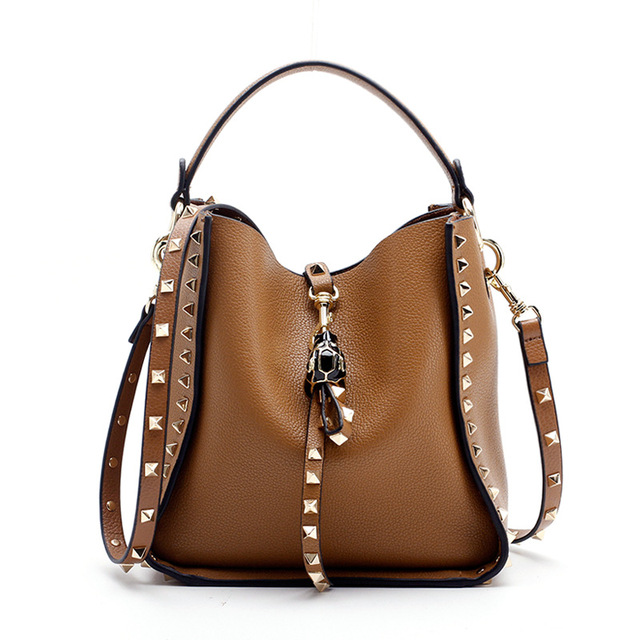 Genuine leather rivet bucket bag, purses and handbags luxury designer studded cowhide ladies shoulder bag with crossbody strap