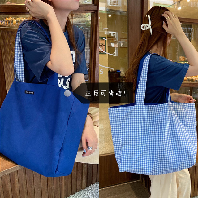 Women Shoulder Bag 2021 Canvas Tote Bags Girl Fashion Casual Solid Color Plaid Shopper Bags Large Capacity Double Sided Handbags