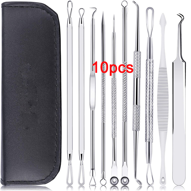 10pcs Acne Remover Tool Kit Stainless Steel Pro Blackhead Remover Beauty Face Pimple Blackhead Remover Needle Clip Pore Cleaner