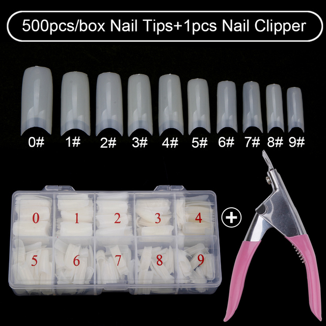 500pcs/box Clear Artificial False Nail Tips Capsule with Nails Cutter Coffin French Full Cover Fake Nails Manicure Tools