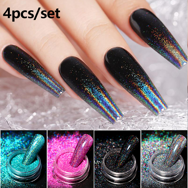 4pcs/set Nail Glitter Powder Silver Iridescent Efffect Sequins Nail Art Foils Nail Art Chrome Pigment Decoration