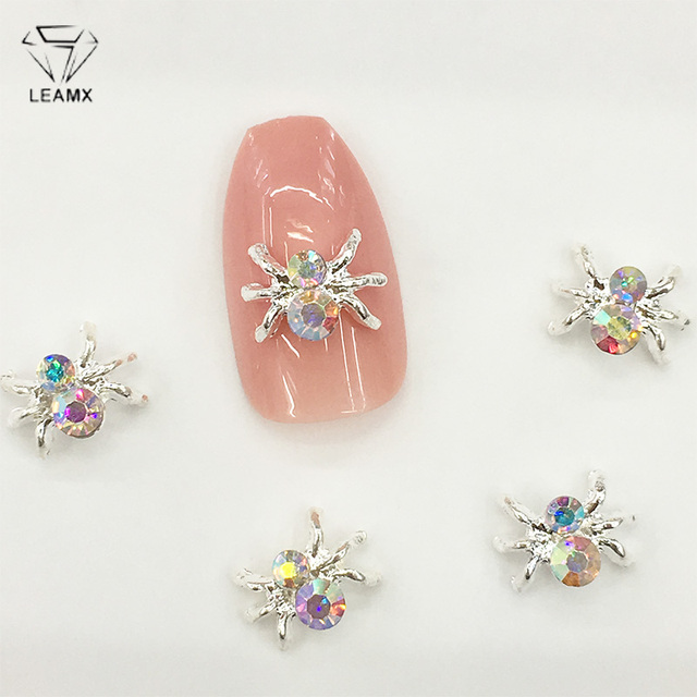 LEAMX 10pcs Alloy Spider Nail Art Decorations 3D AB/White Rhinestone Decorations Spider Nail Jewelry Sparkle Nail Supplies L459