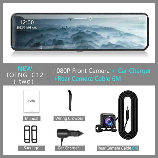 TOTNG Car DVR Touch Screen Stream Media Dual Lens 1080P Video Recorder 12" Dashcam Rearview Mirror With 1080P Rear Camera