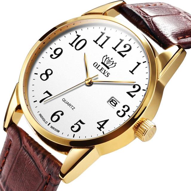 OLEVS Men's Quartz Watch Top Brand Fashion Casual Luxury Dress Genuine Brown Leather Strap Men's Watches Waterproof Wristwatch